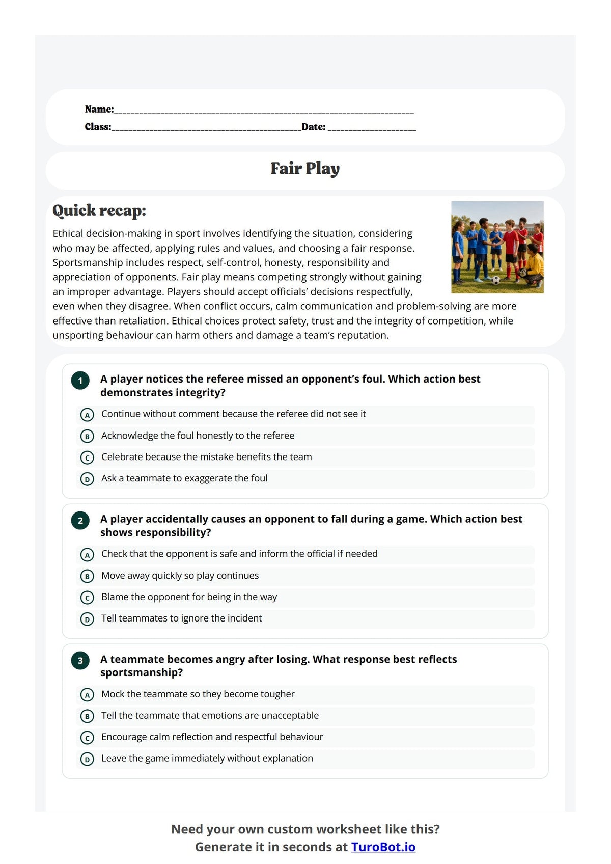 Free Year 10 Worksheet - Ethical Decision-Making and Sportsmanship in Competitive Games preview