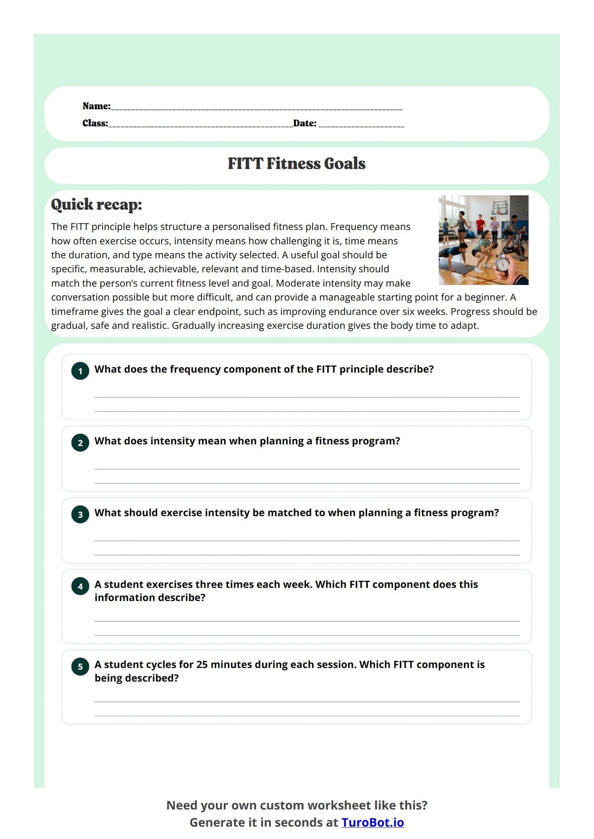 Free Year 9 Worksheet - FITT Fitness Goals preview