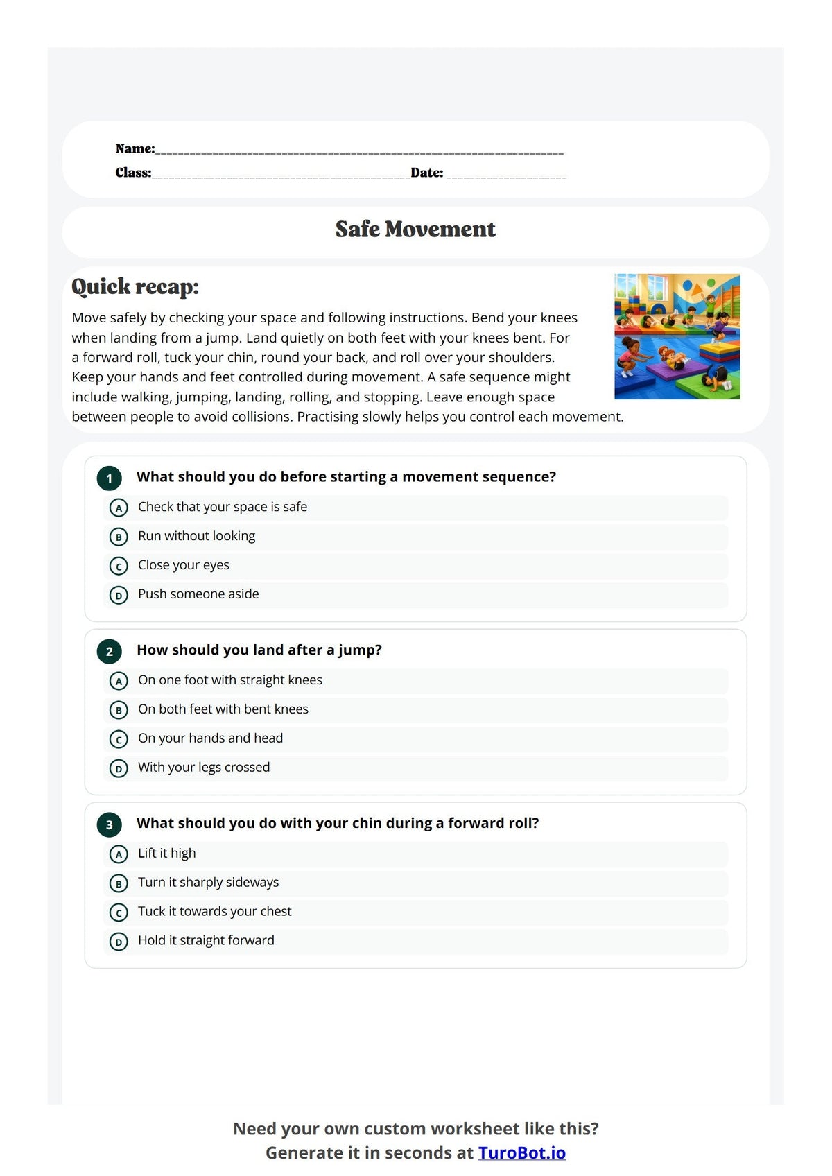 Free Year 4 Worksheet - Safe Movement preview