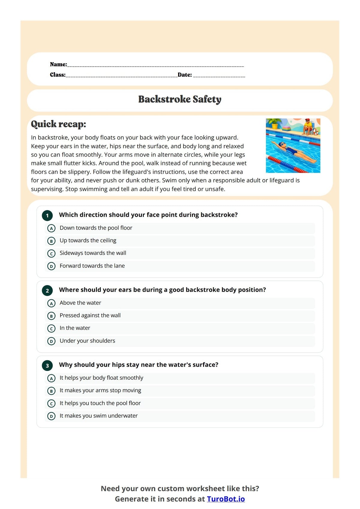 Free Year 4 Worksheet - Backstroke Safety preview