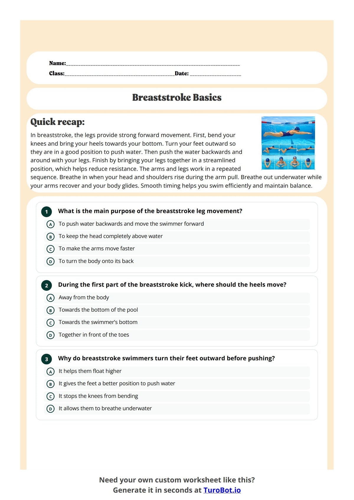 Free Year 5 Worksheet - Breaststroke Basics preview