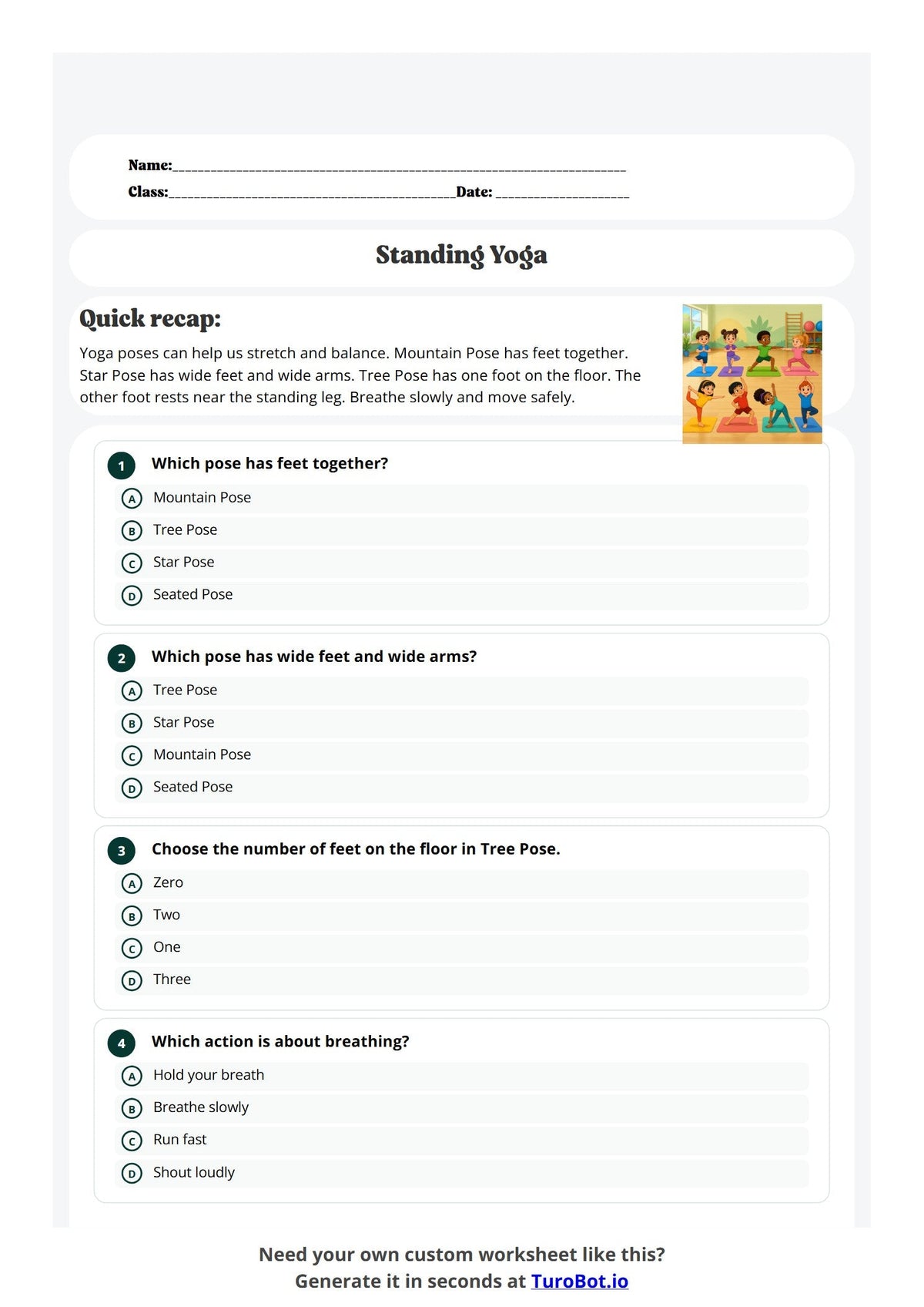Free Year 1 Worksheet - Standing Yoga preview