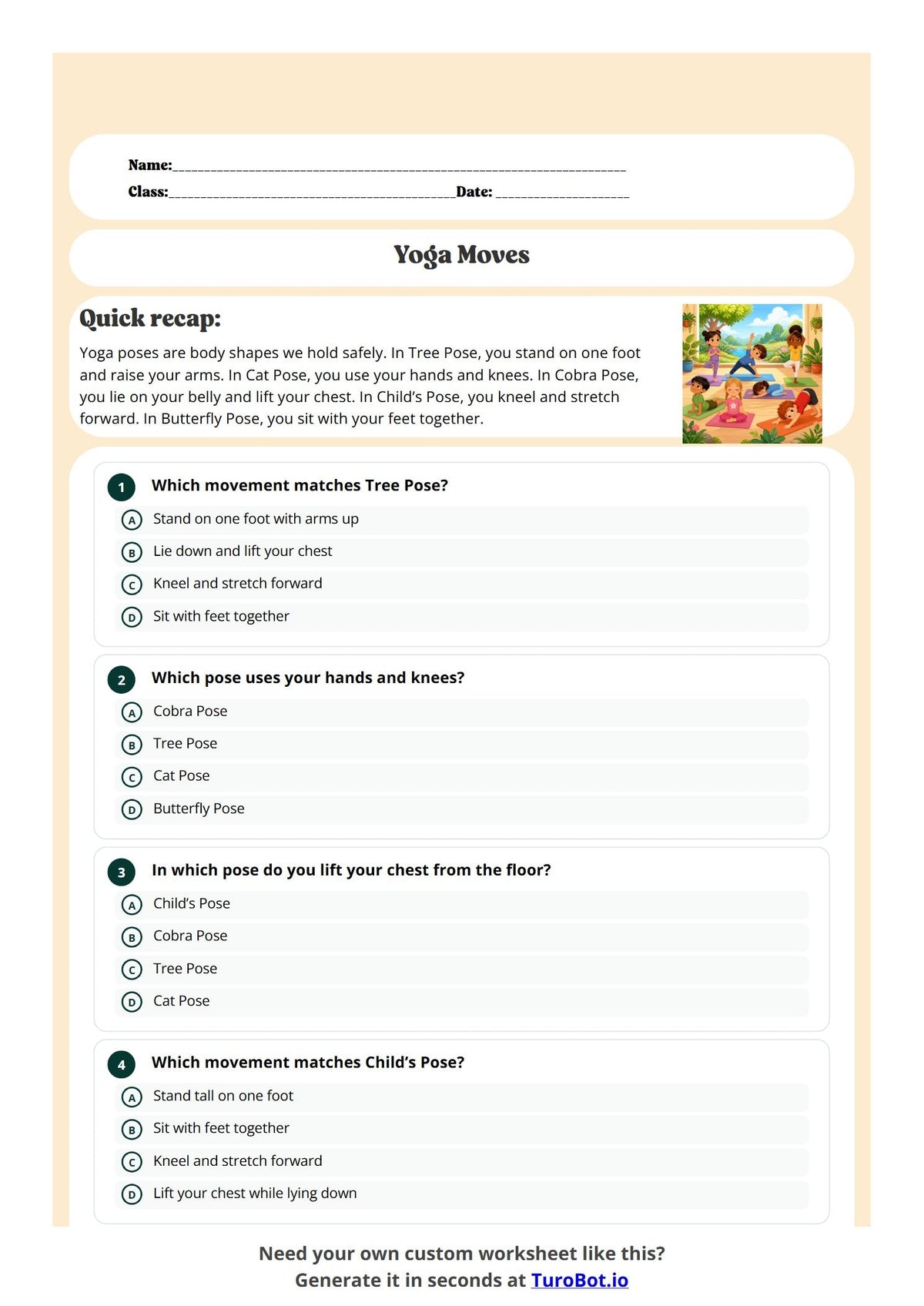 Free Year 2 Worksheet - Yoga Moves preview