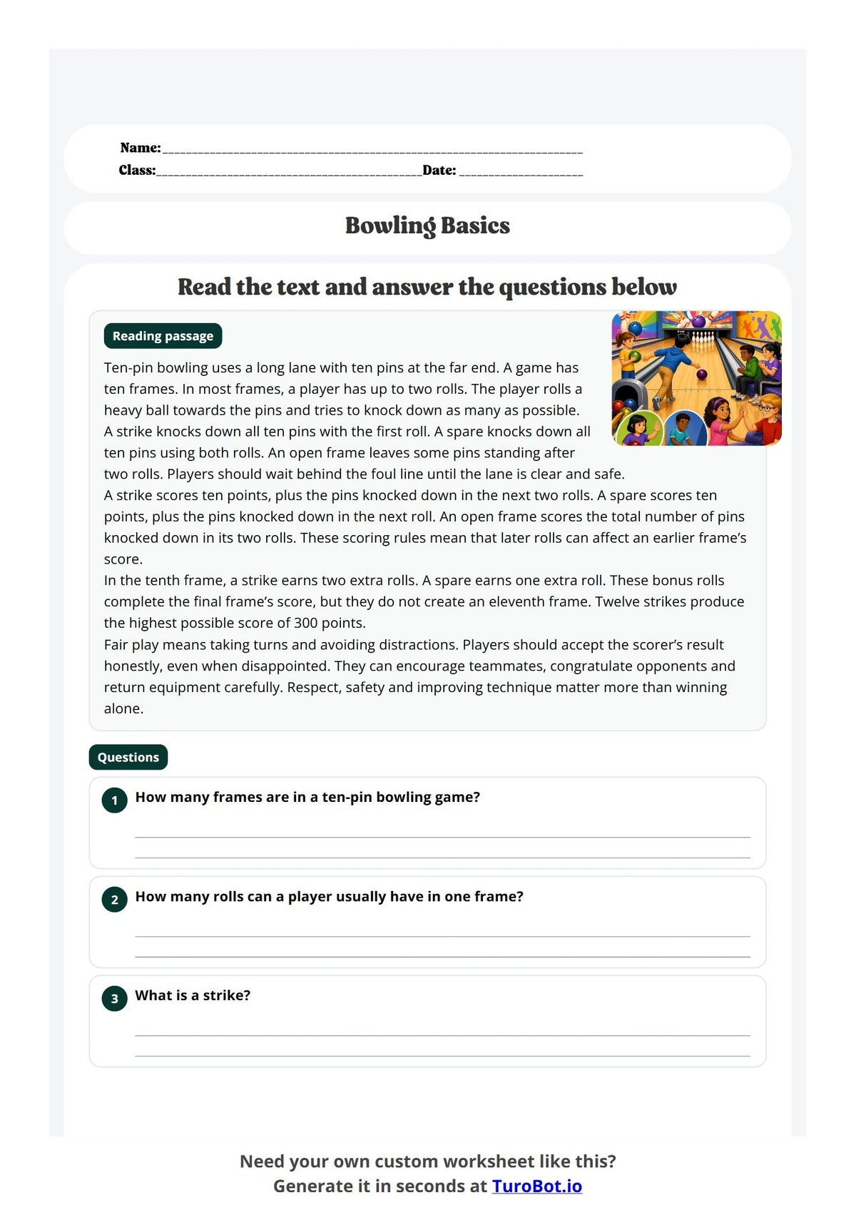 Free Year 6 Worksheet - Bowling Basics preview