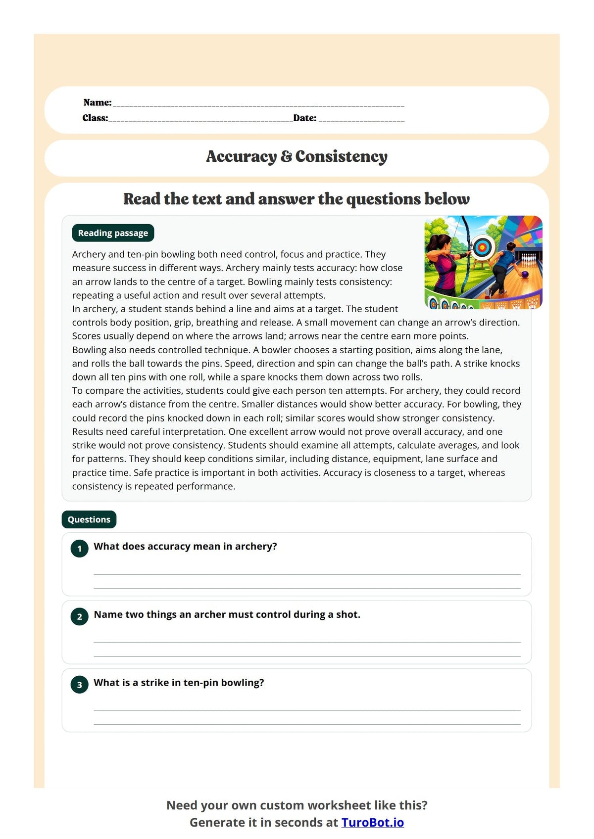 Free Year 7 Worksheet - Archery Accuracy and Bowling Consistency preview