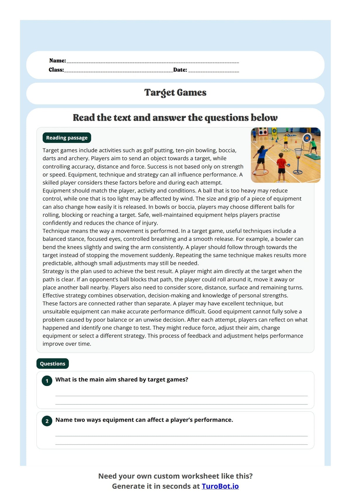 Free Year 8 Worksheet - Target Games preview