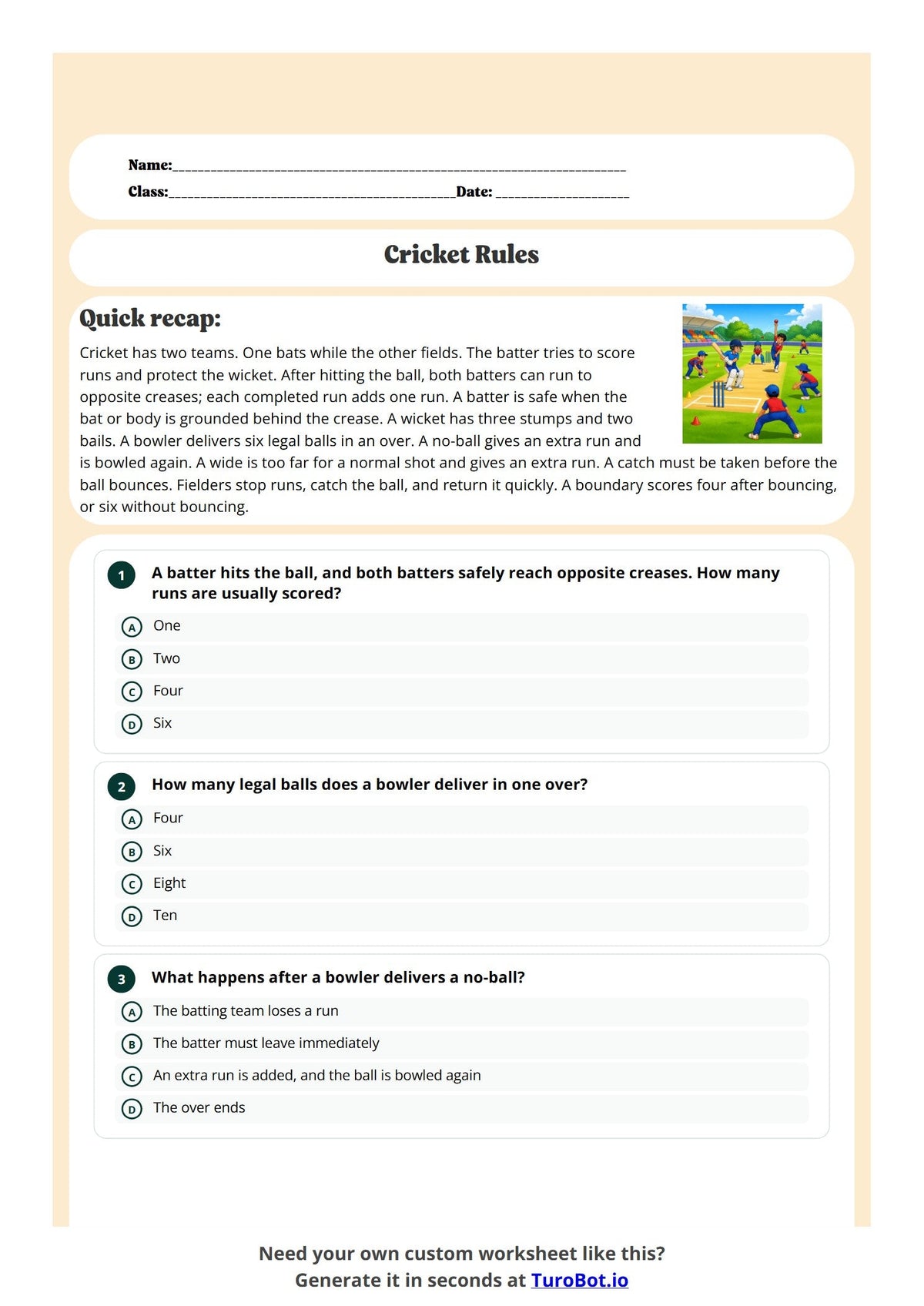 Free Year 5 Worksheet - Cricket Rules preview