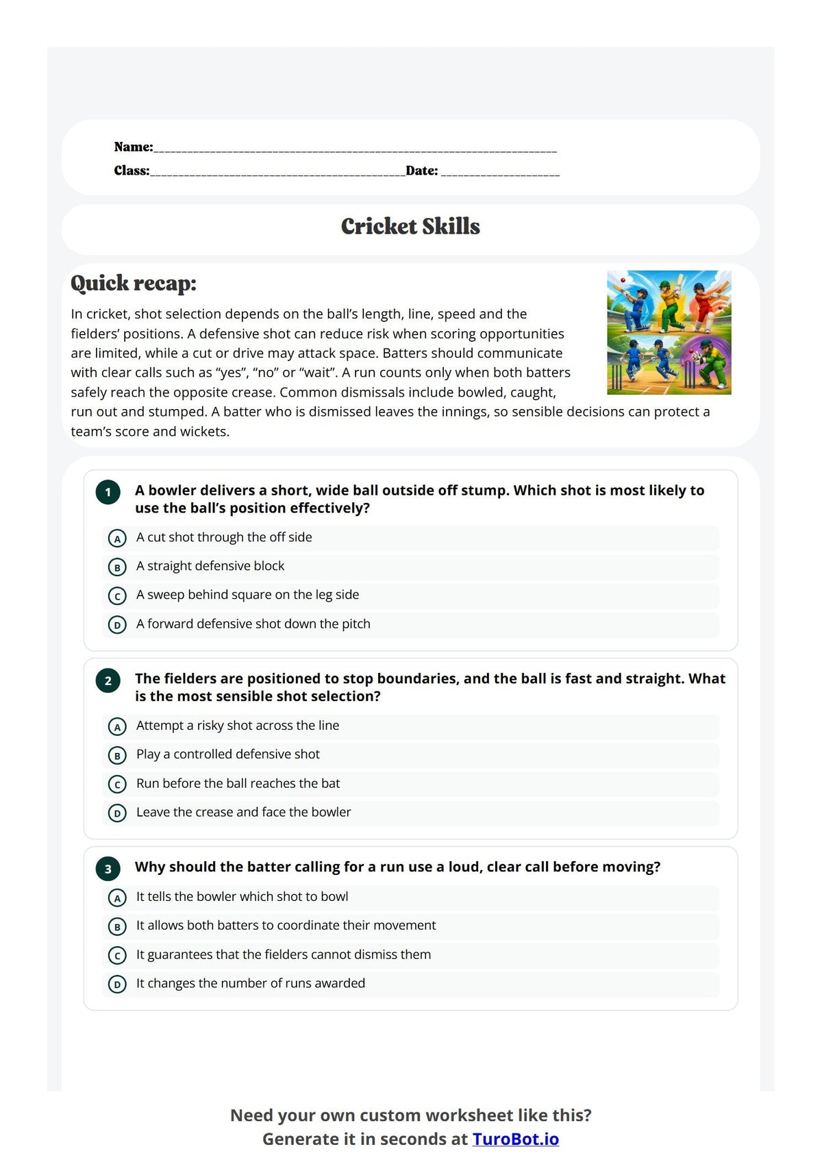 Free Year 7 Worksheet - Cricket Skills preview