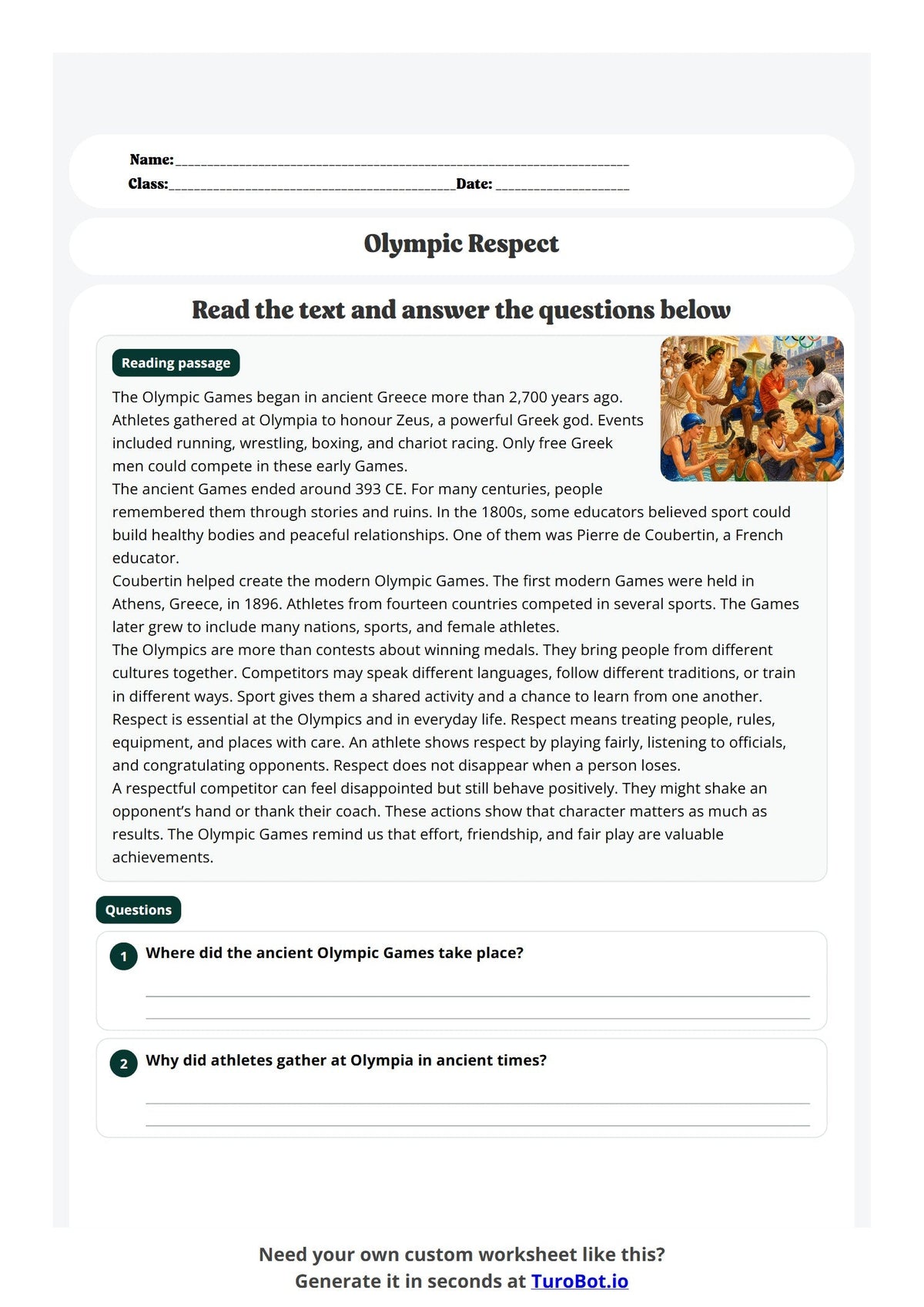Free Year 5 Worksheet - Olympic Respect preview
