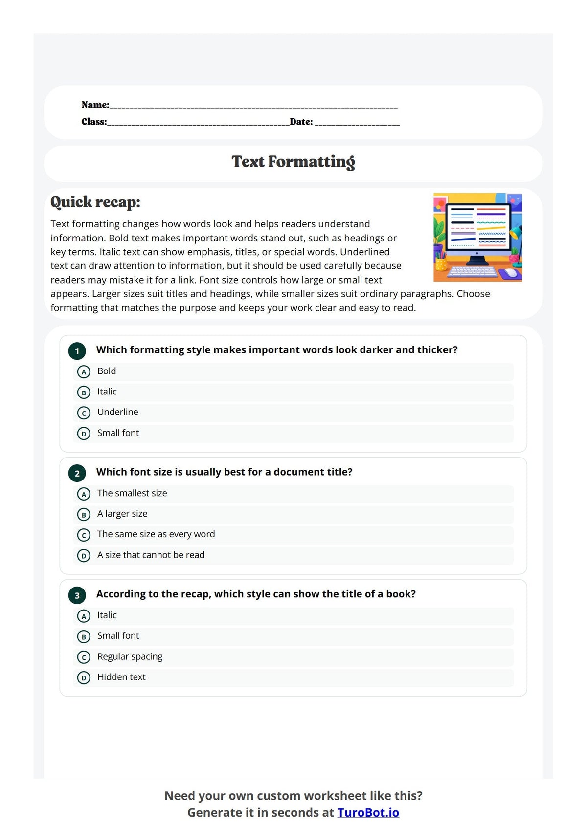 Free Year 5 Worksheet - Text Formatting preview