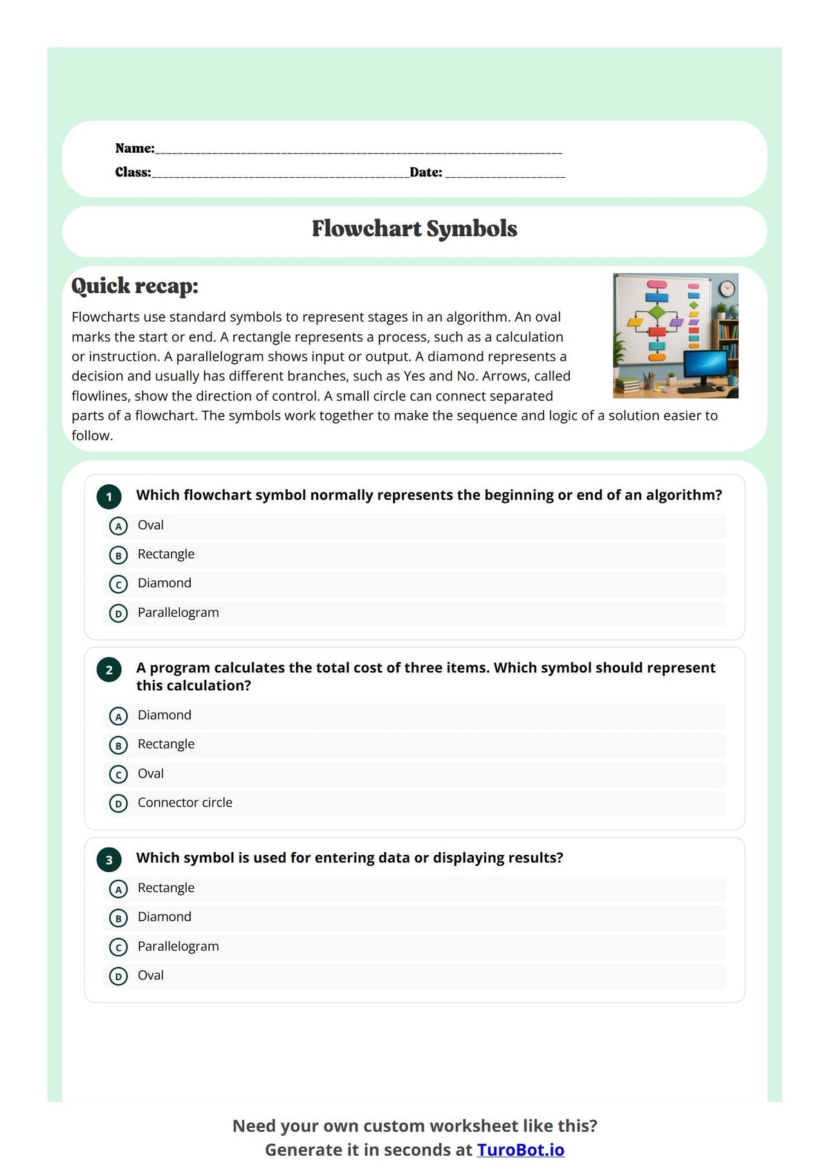 Free Year 9 Worksheet - Flowchart Symbols preview