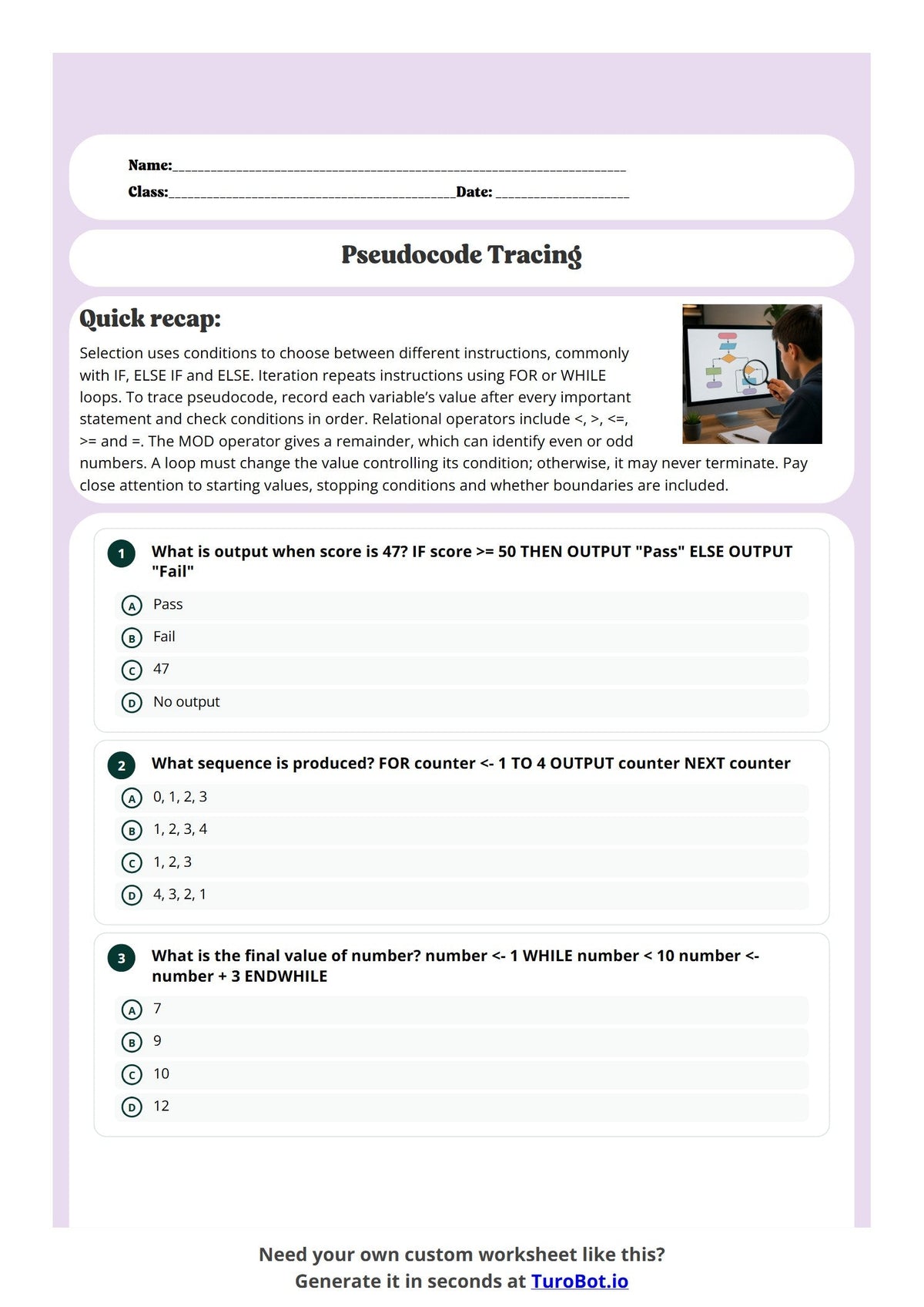 Free Year 10 Worksheet - Pseudocode Tracing preview