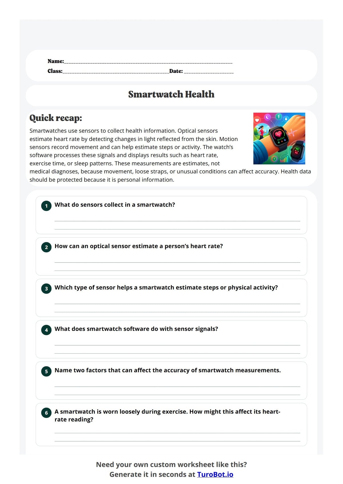 Free Year 7 Worksheet - Smartwatch Health preview