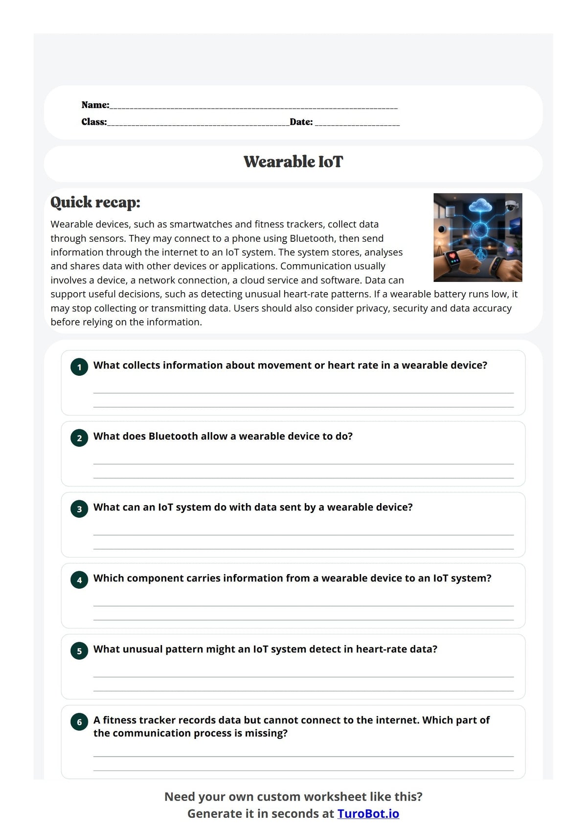 Free Year 9 Worksheet - Wearable IoT preview