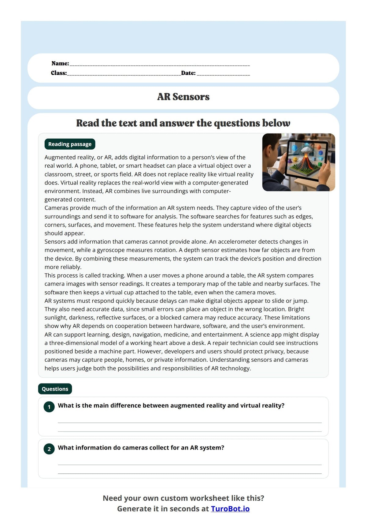 Free Year 9 Worksheet - AR Sensors preview