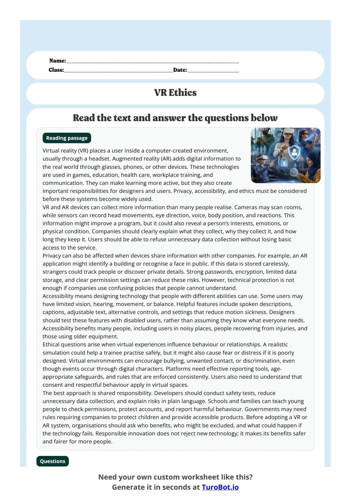 Free Year 10 Worksheet - VR Ethics preview
