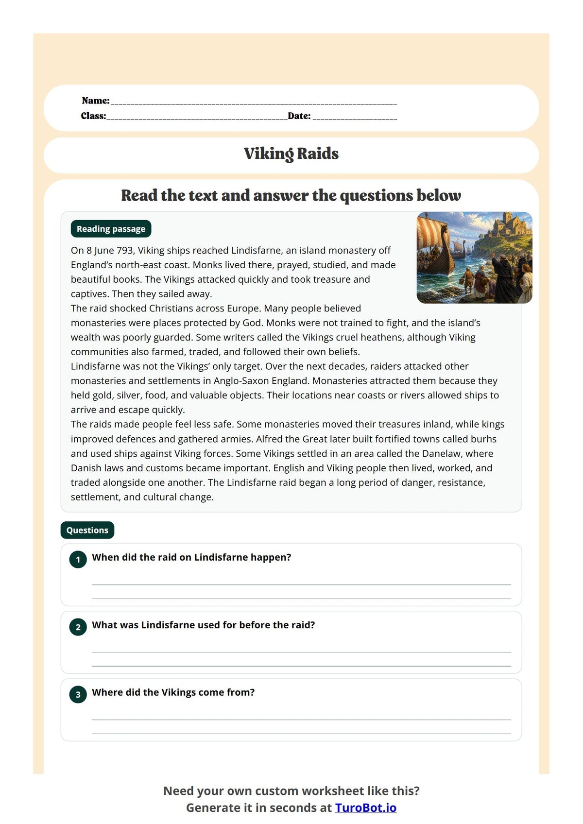 Free Year 5 History Worksheet - Viking Raids preview