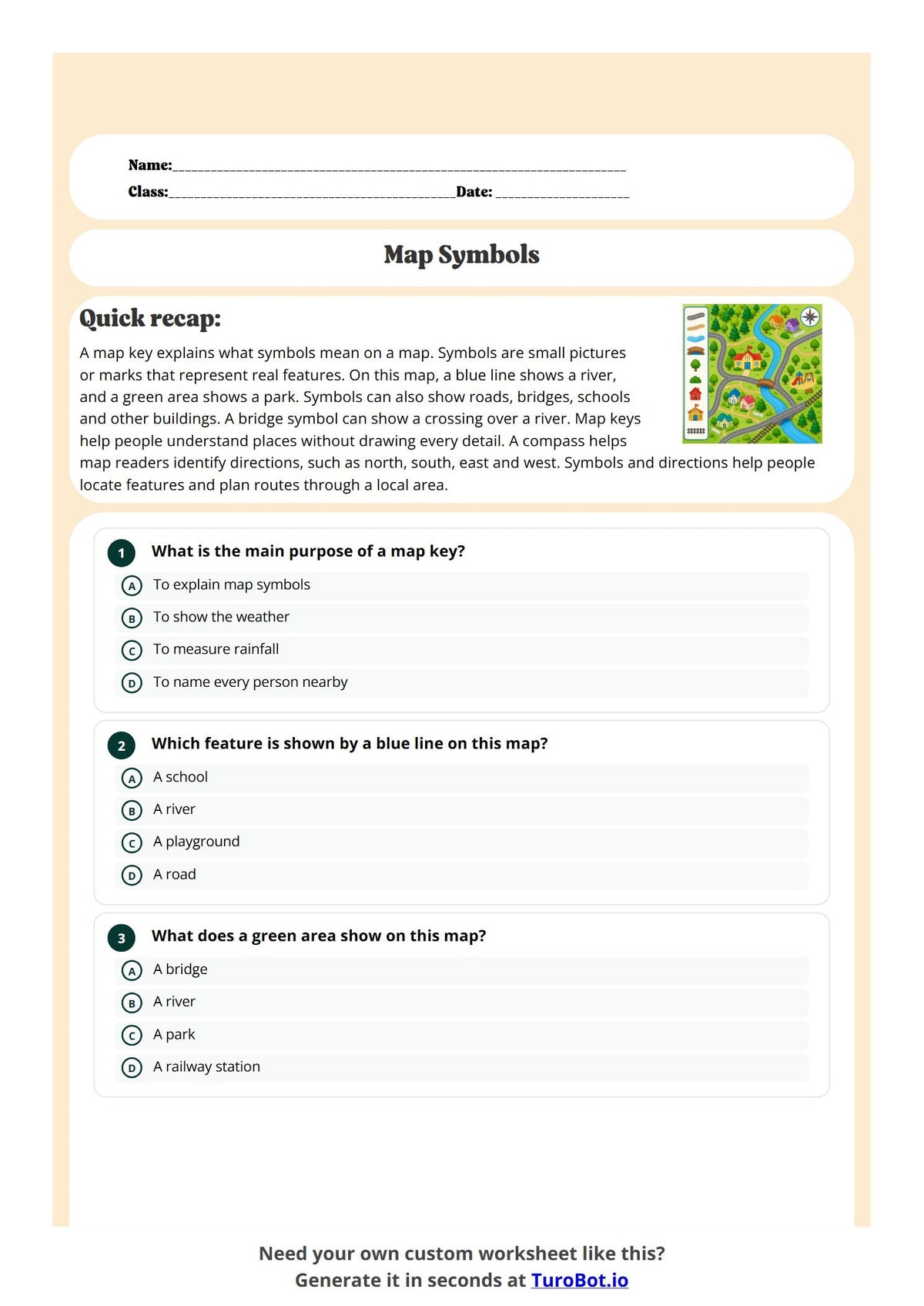 Free Year 4 History Worksheet - Map keys and Symbols preview