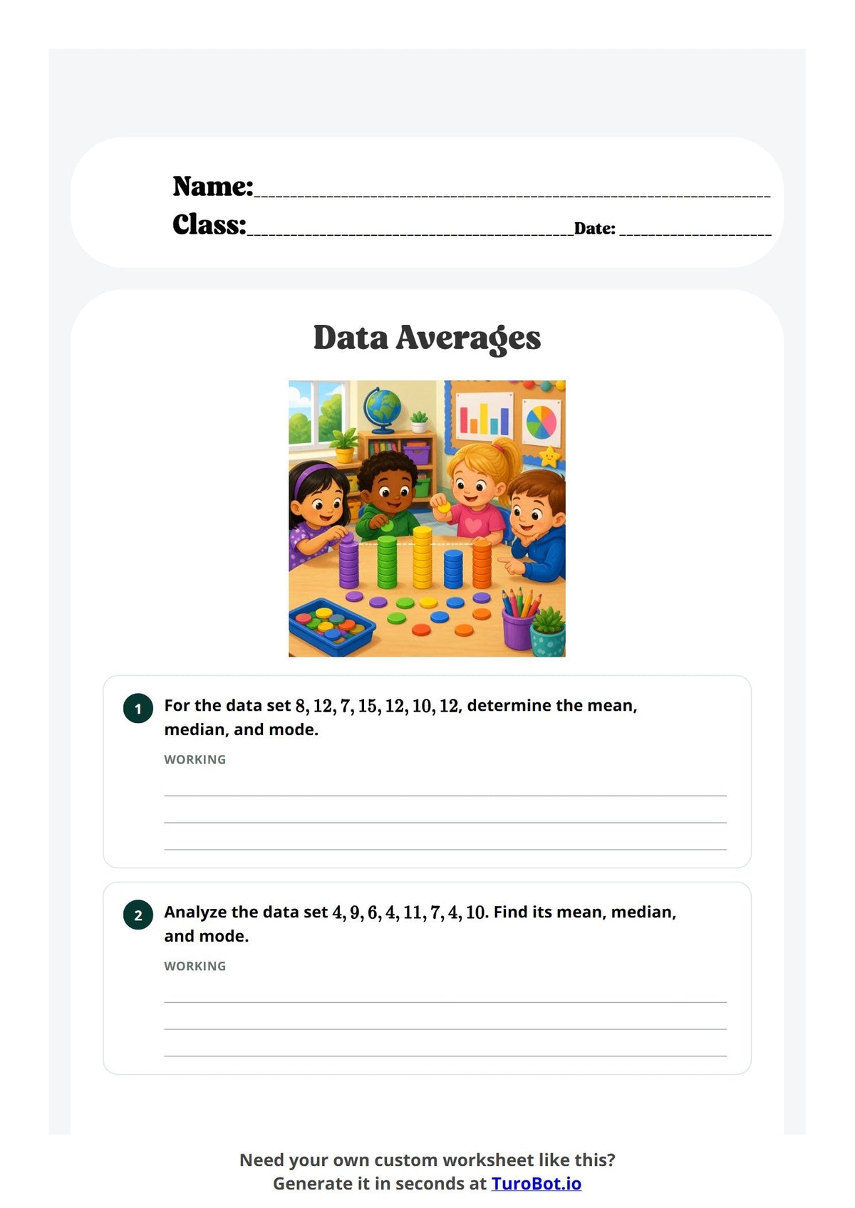 Free Year 7 Math Worksheet - Data Averages preview