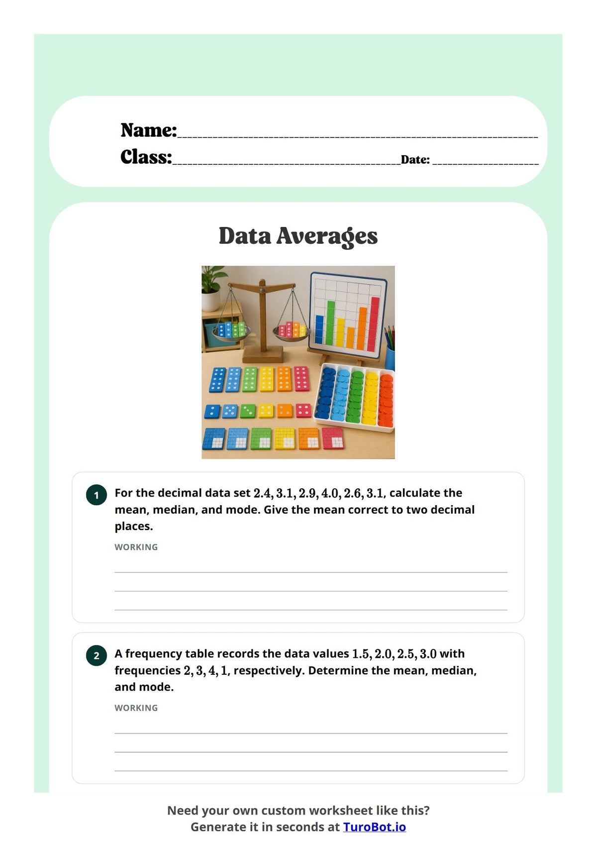 Free Year 8 Math Worksheet - Data Averages preview