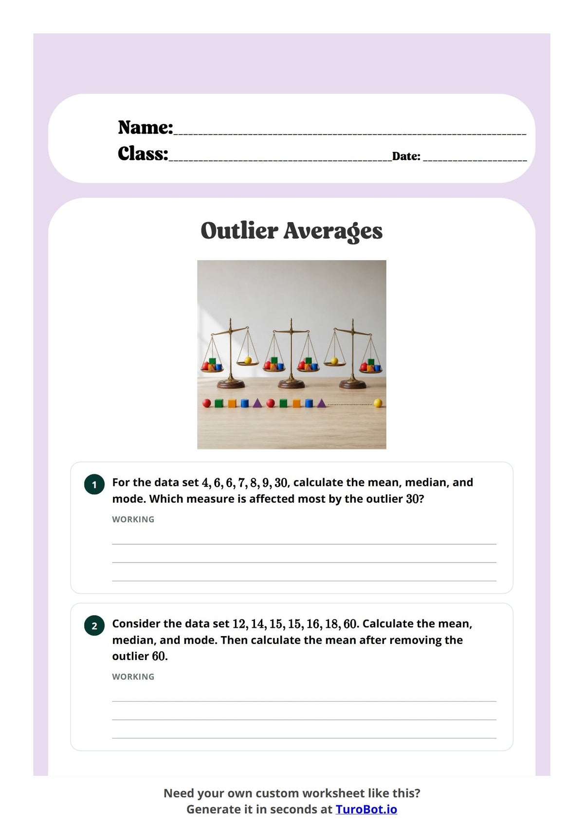 Free Year 9 Math Worksheet - Outlier Averages preview