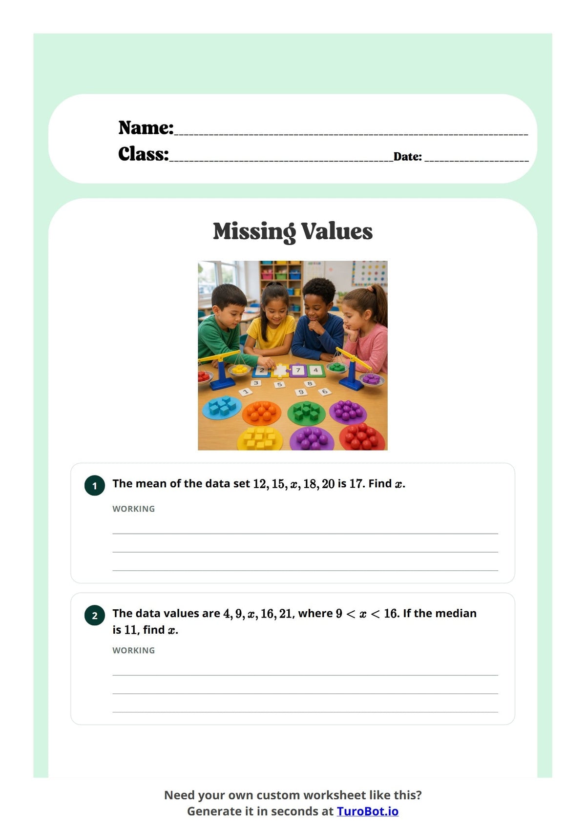 Free Year 10 Math Worksheet - Missing Values preview