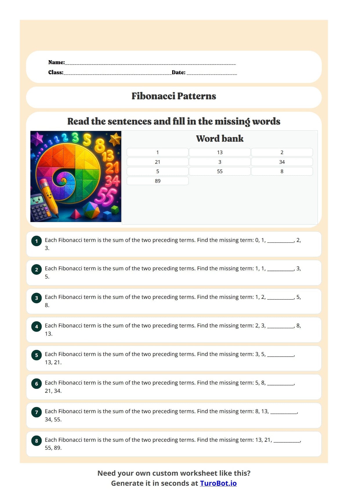 Free Year 6 Math Worksheet - Fibonacci Patterns preview