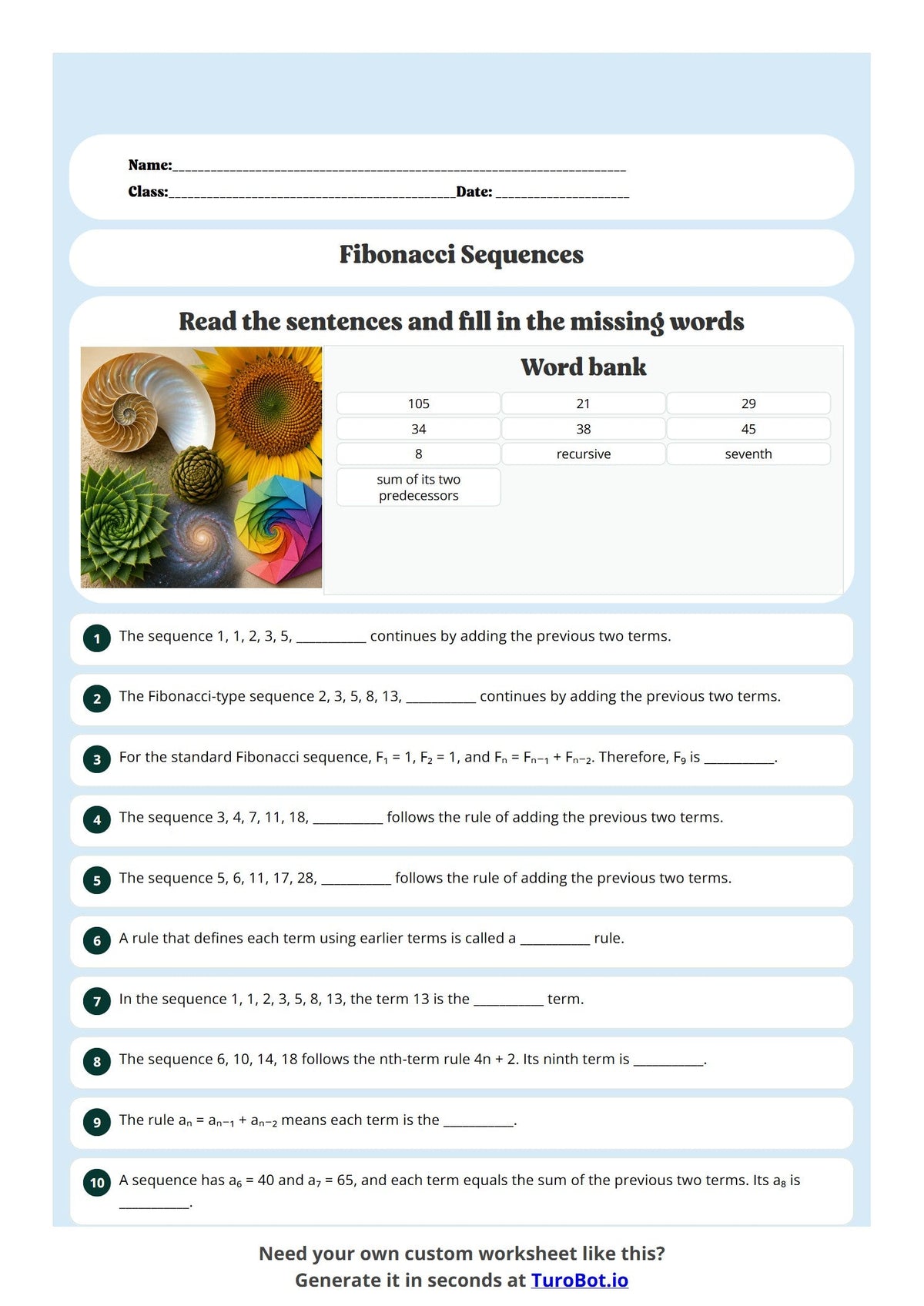 Free Year 8 Math Worksheet - Fibonacci Sequences preview
