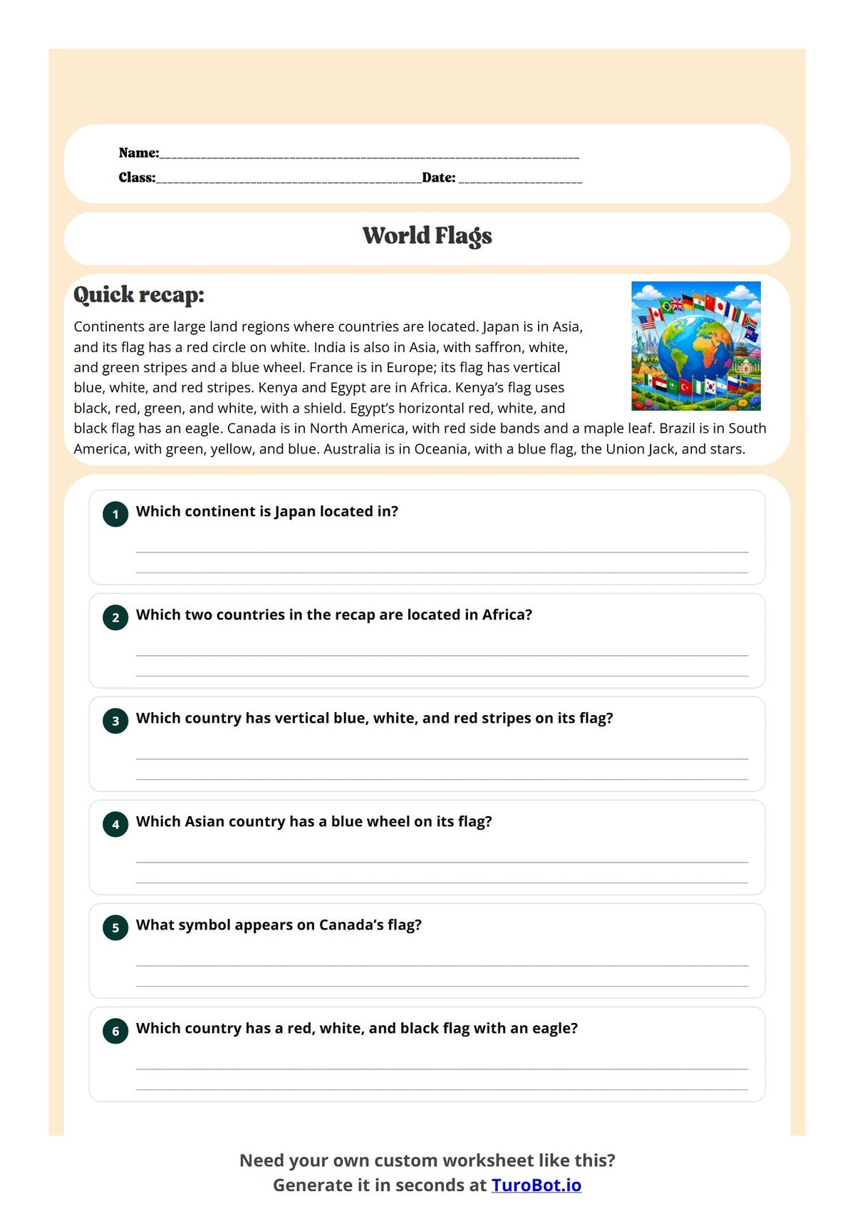 Free Year 5 Worksheet - World Flags preview