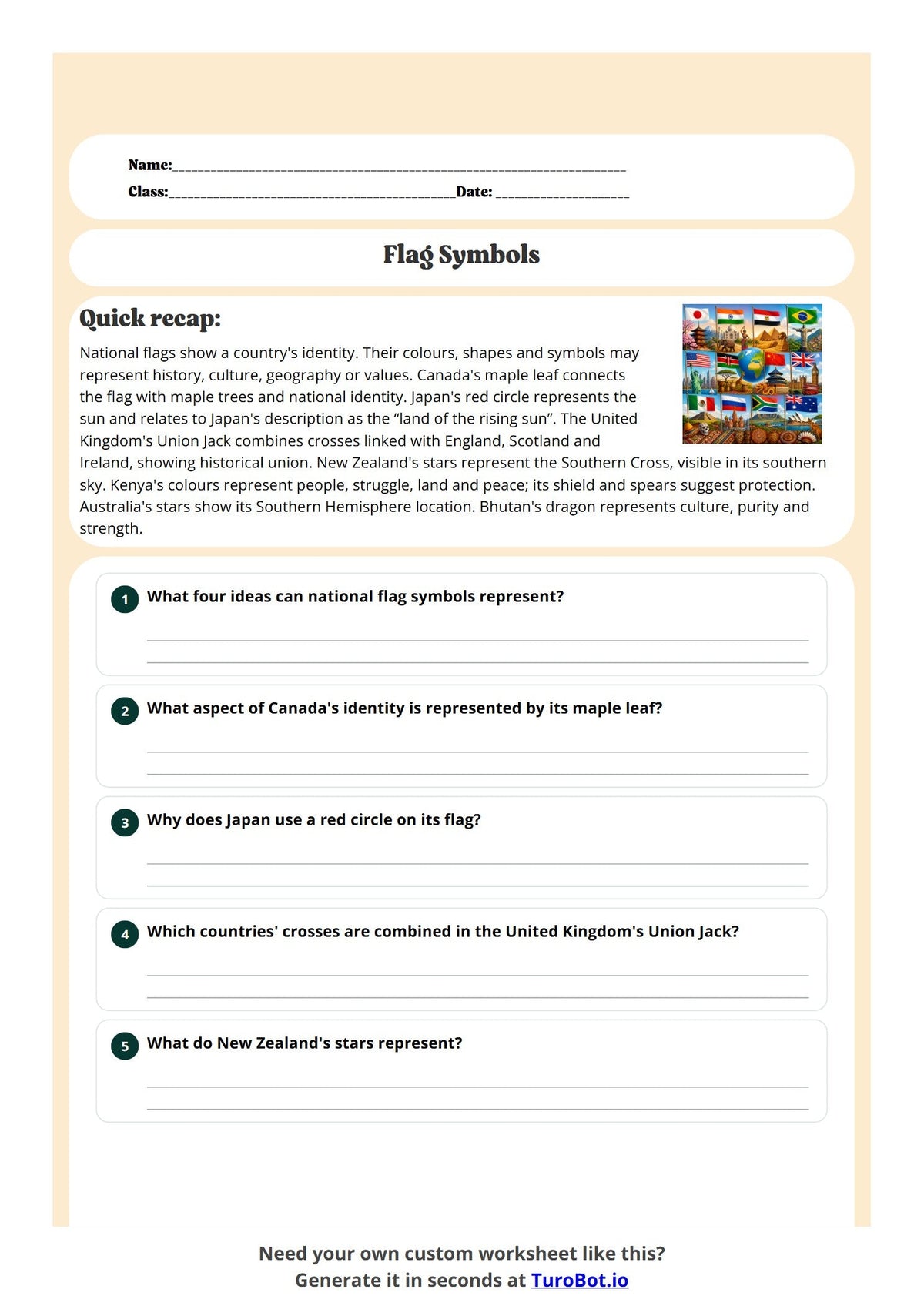 Free Year 6 Worksheet - Flag Symbols preview
