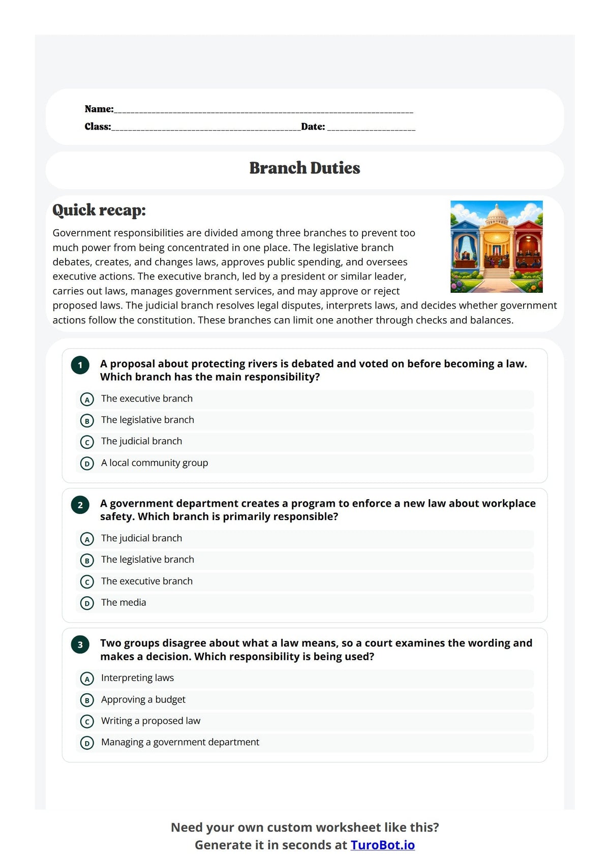 Free Year 7 Worksheet - Branch Duties preview