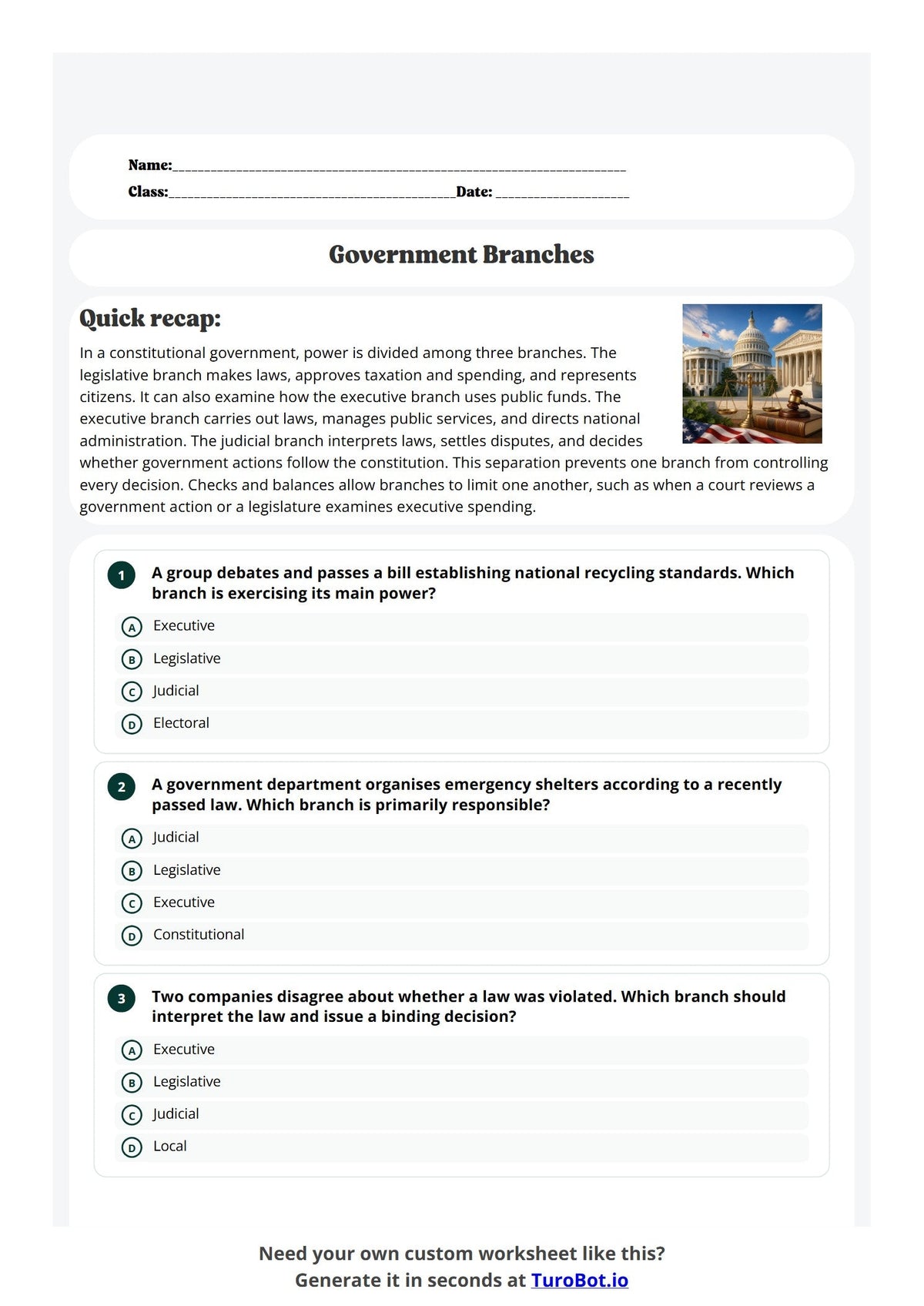 Free Year 8 Worksheet - Government Branches preview