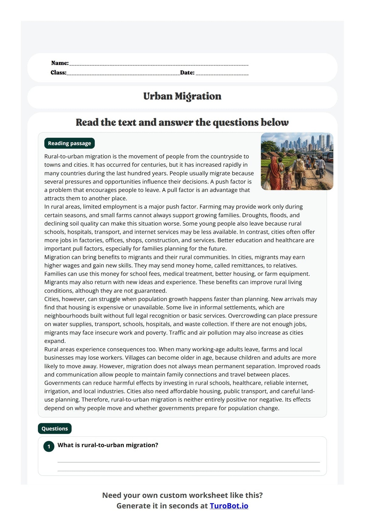 Free Year 9 Worksheet - Urban Migration preview