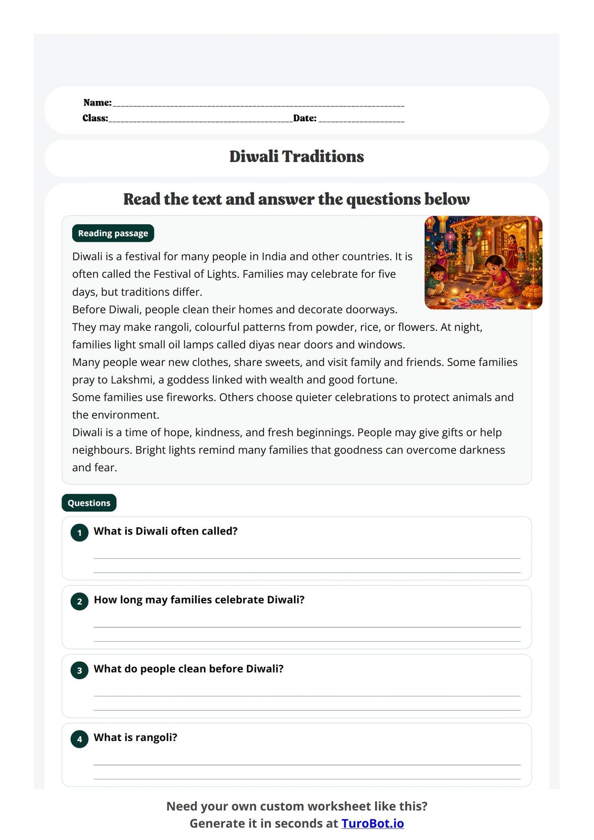 Free Year 3 Worksheet - Diwali Traditions preview