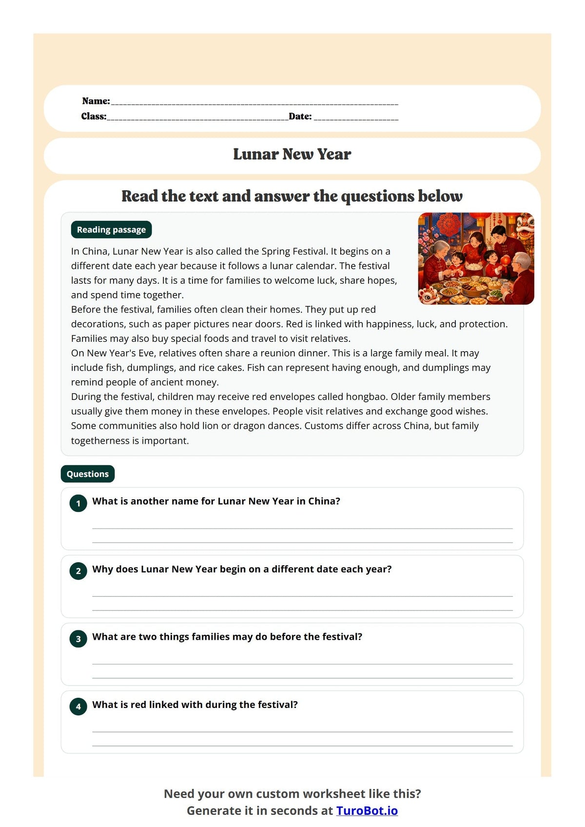 Free Year 4 Worksheet - Lunar New Year preview