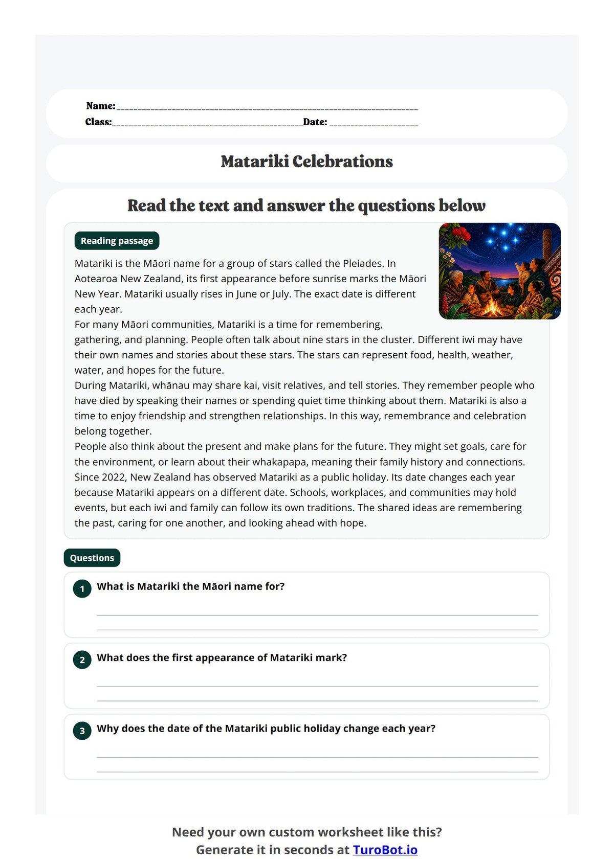 Free Year 6 Worksheet - Matariki Celebrations preview