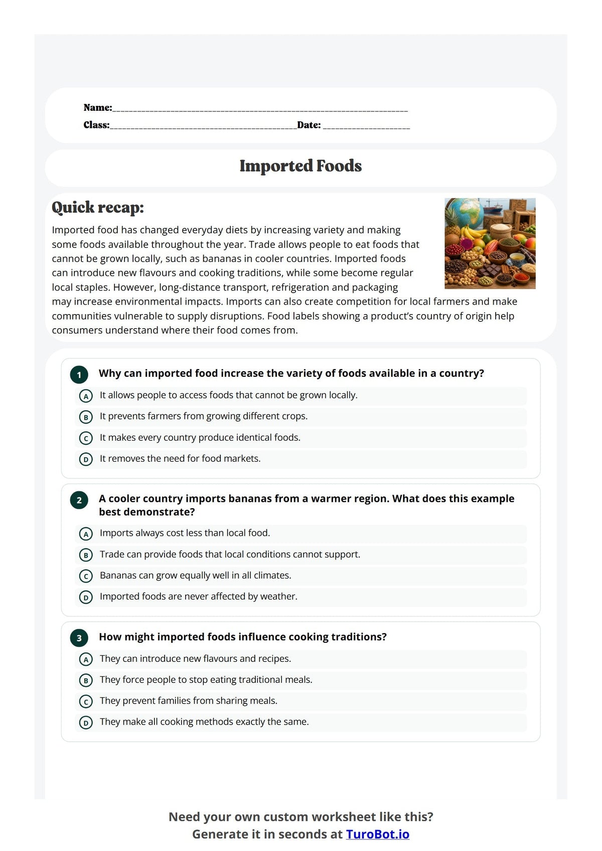 Free Year 8 Worksheet - Imported Foods preview