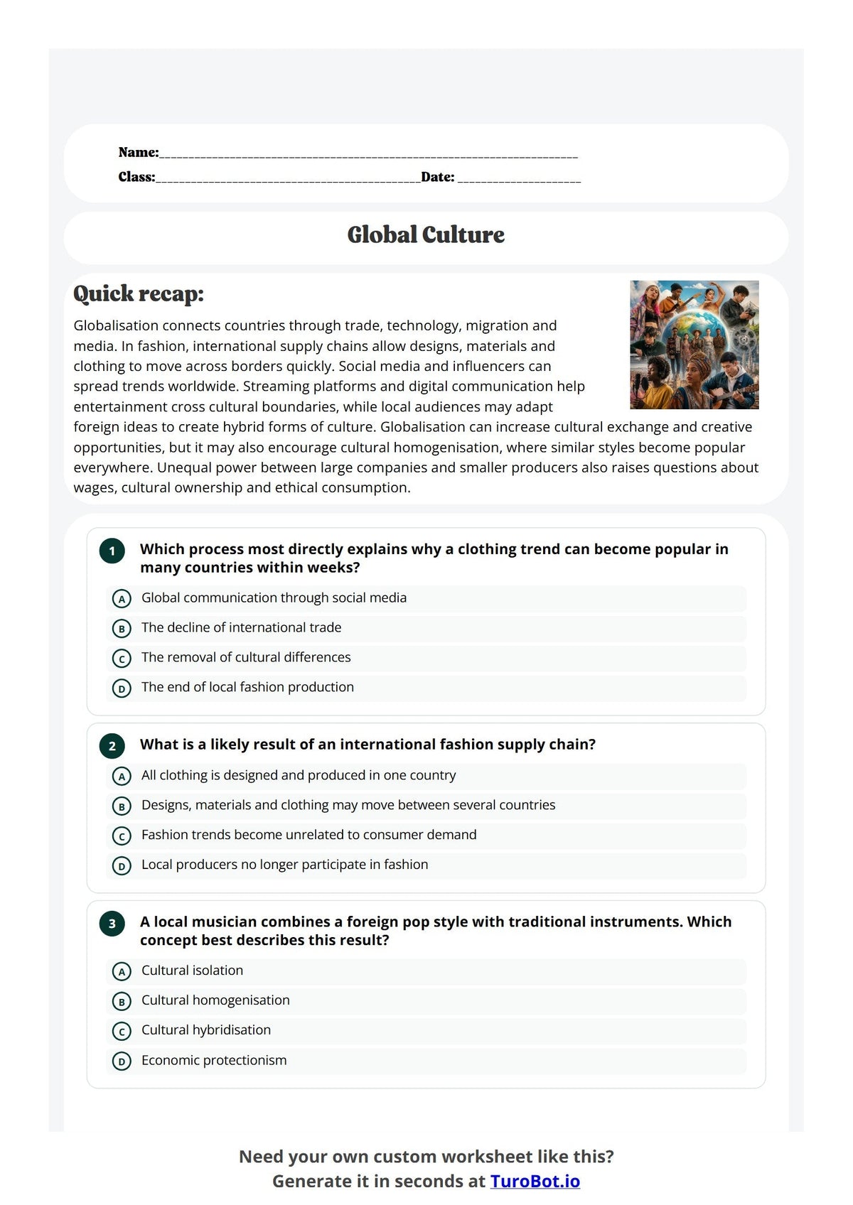 Free Year 9 Worksheet - Global Culture preview