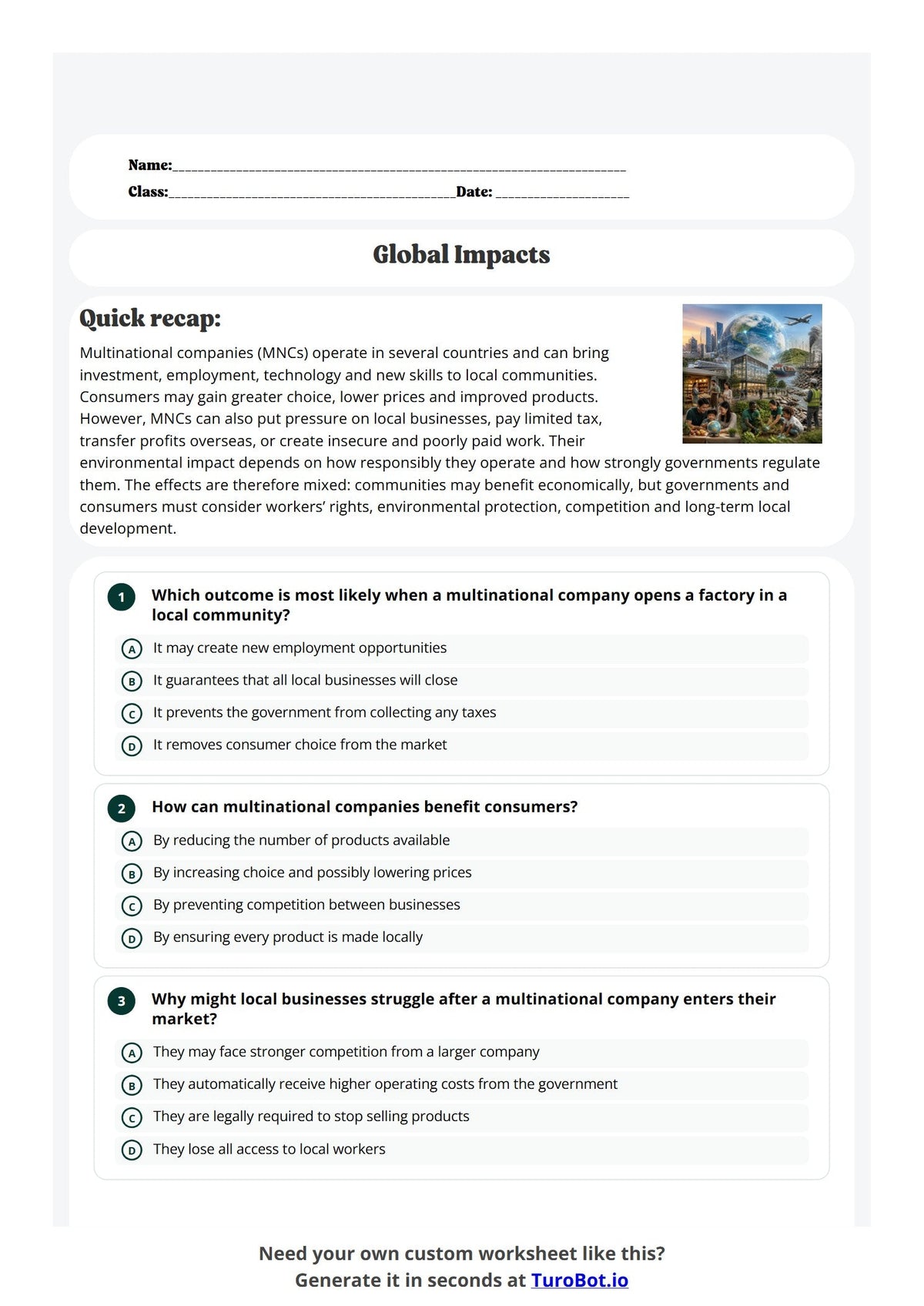 Free Year 10 Worksheet - Global Impacts preview