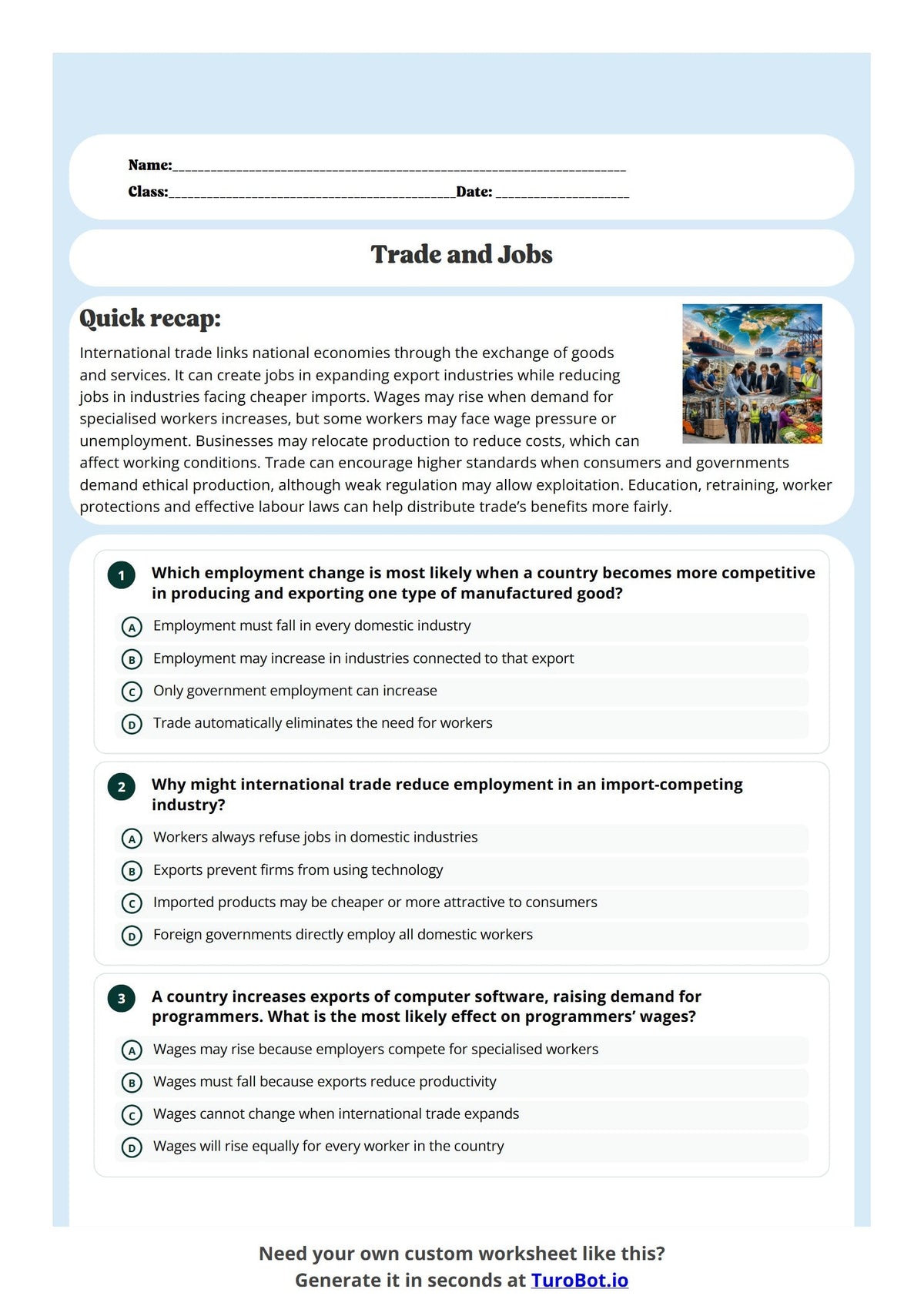 Free Year 11 Worksheet - Trade and Jobs preview