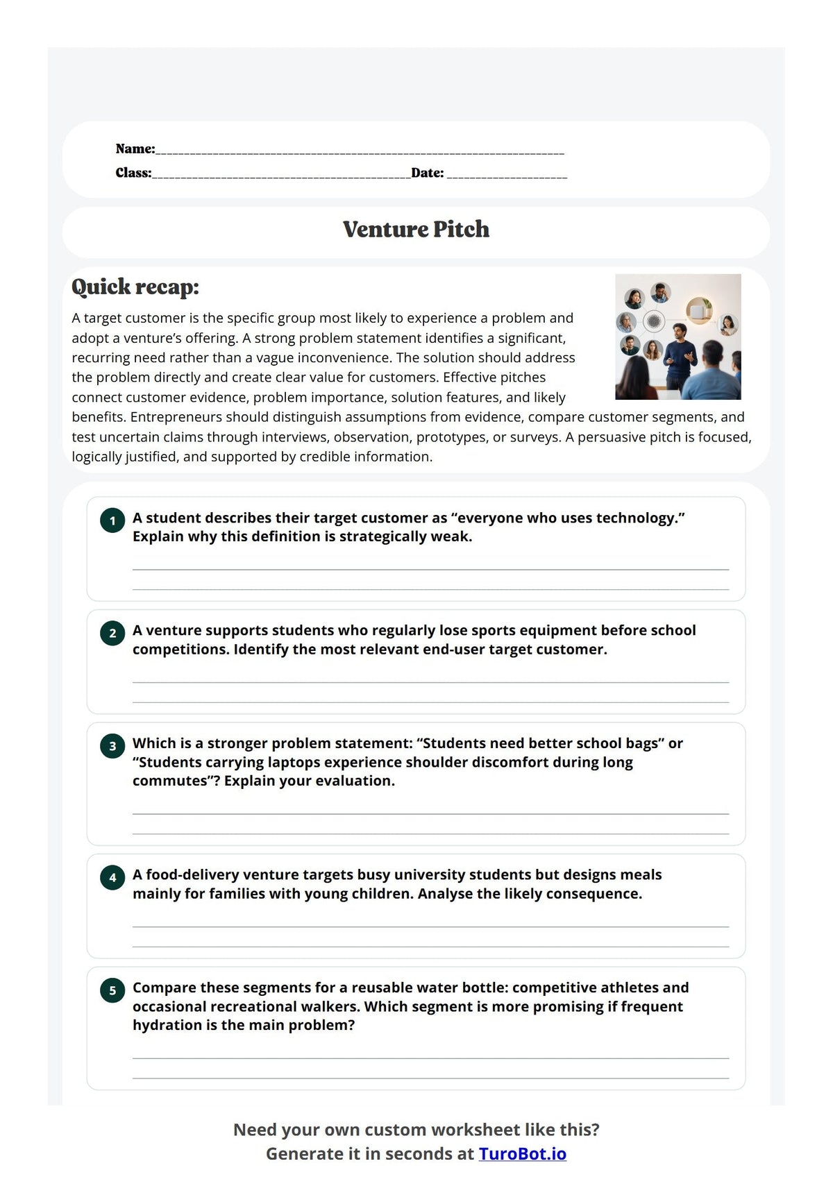 Free Year 11 Worksheet - Venture Pitch preview