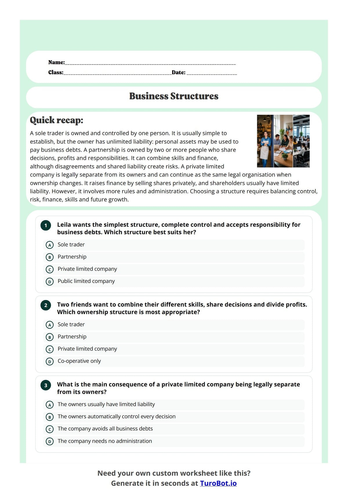 Free Year 9 Worksheet - Business Structures preview