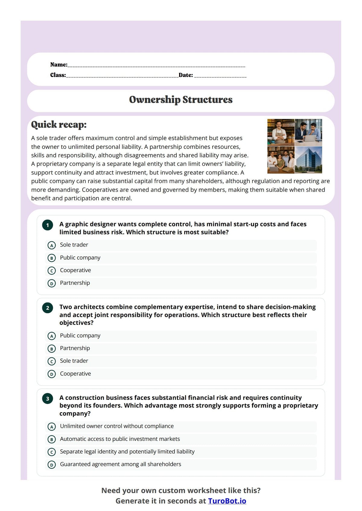 Free Year 12 Worksheet - Ownership Structures preview
