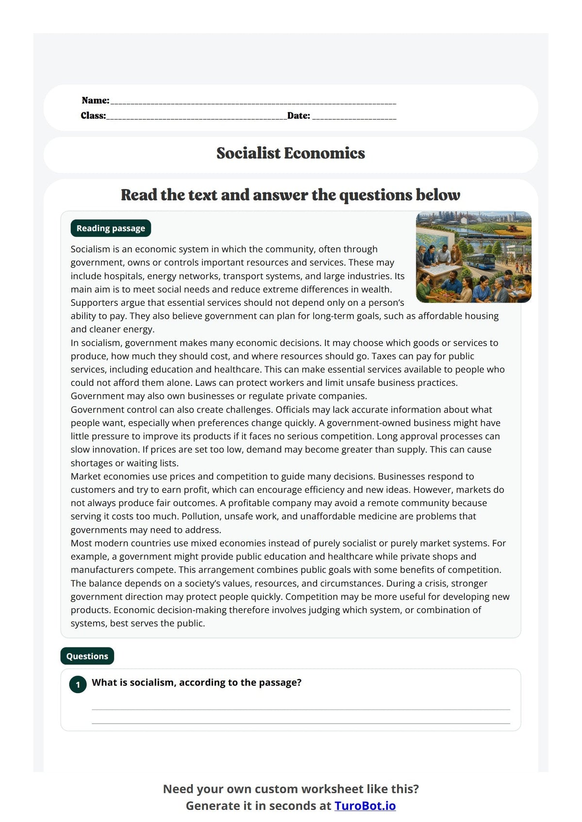 Free Year 10 Worksheet - Socialist Economics preview