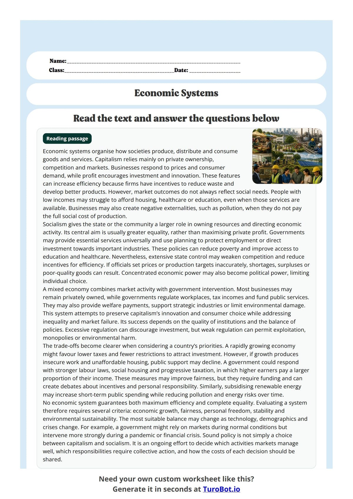Free Year 12 Worksheet - Economic Systems preview