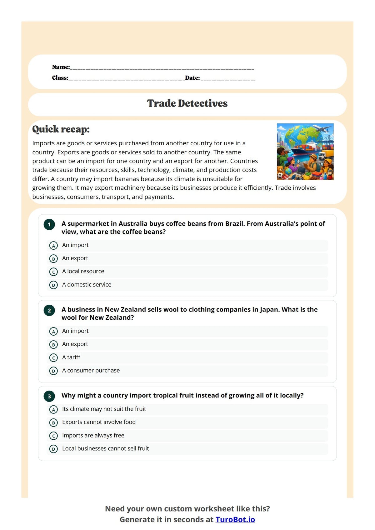 Free Year 7 Worksheets - Trade Detectives preview