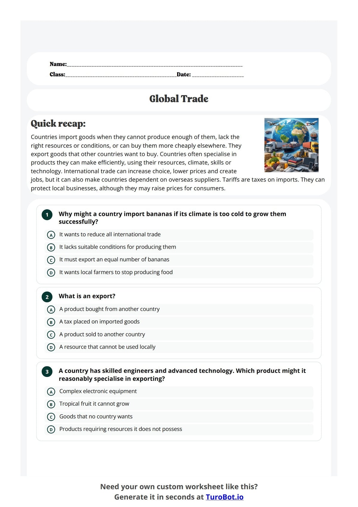 Free Year 8 Worksheets - Global Trade preview