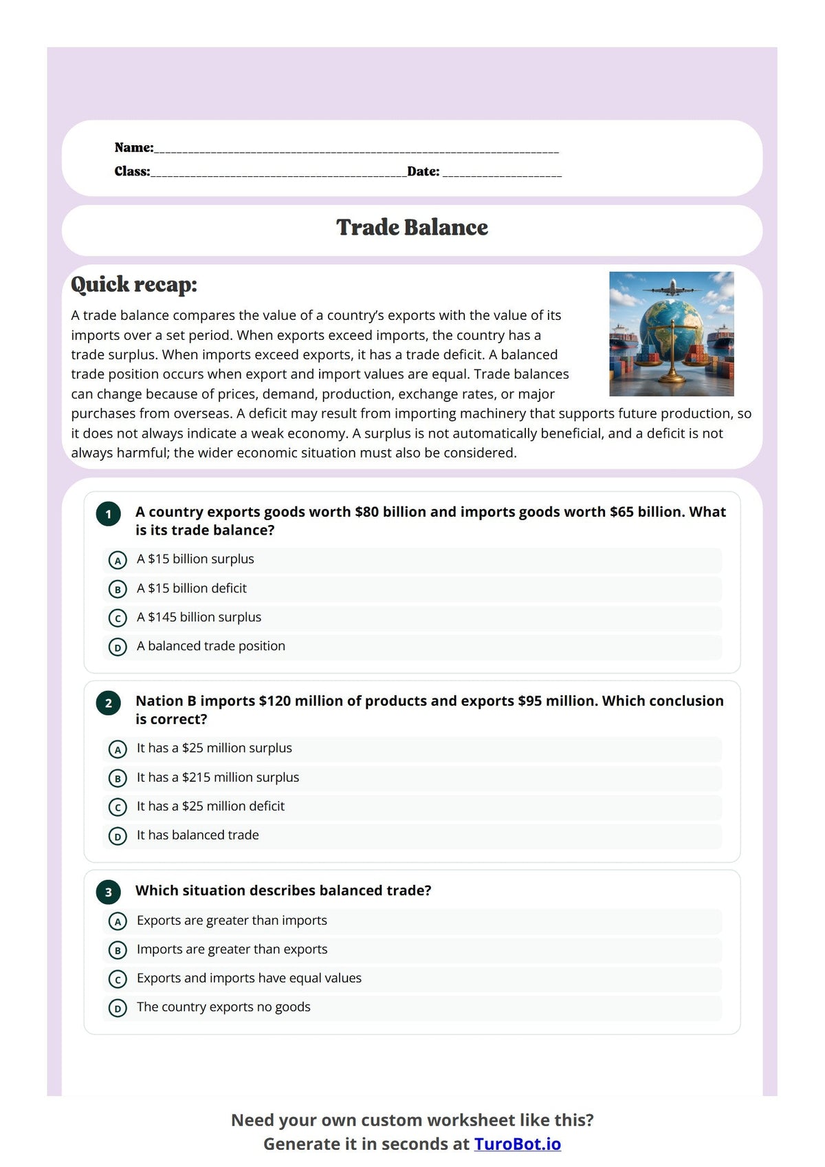 Free Year 9 Worksheets - Trade Balance preview