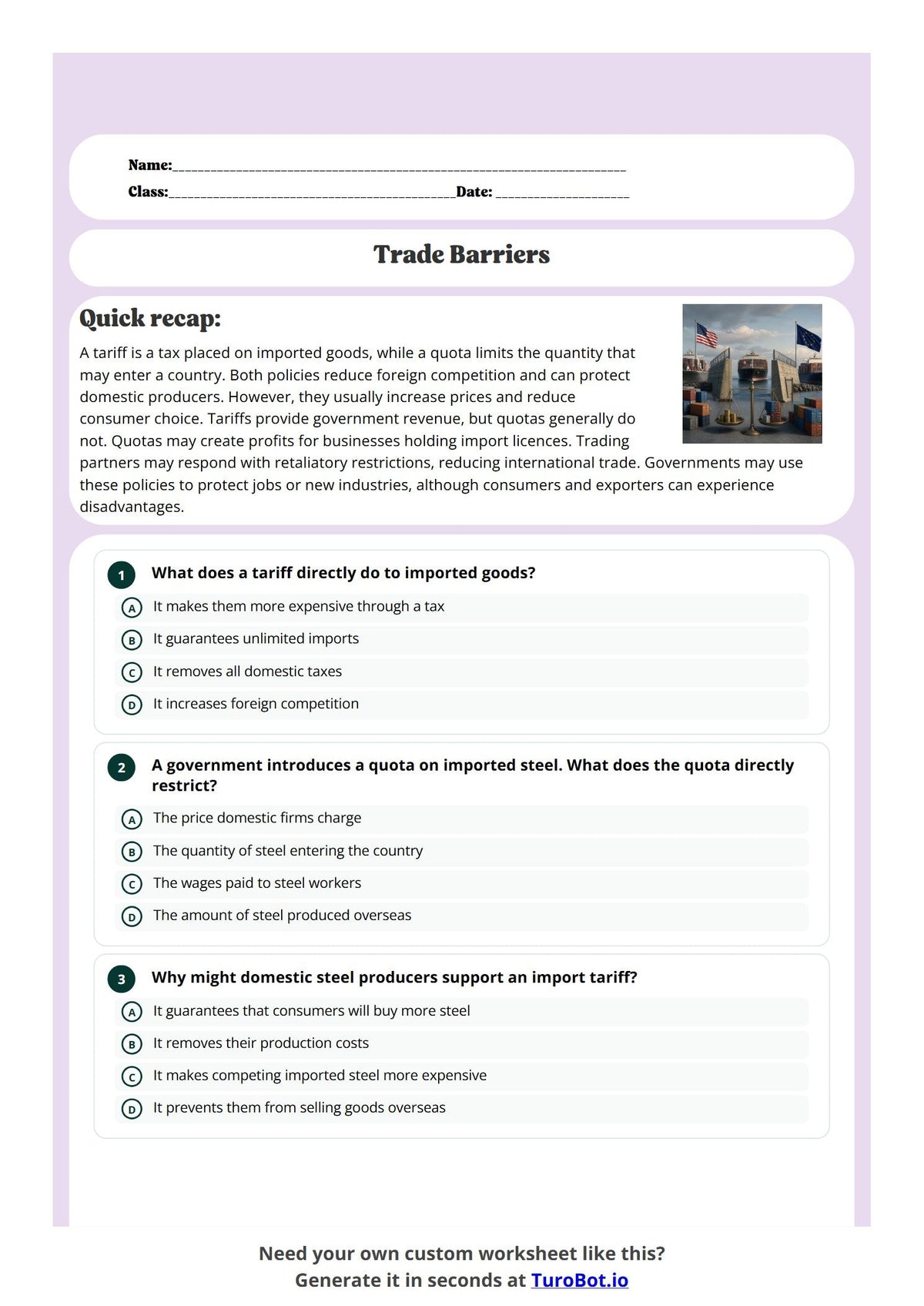 Free Year 10 Worksheets - Trade Barriers preview