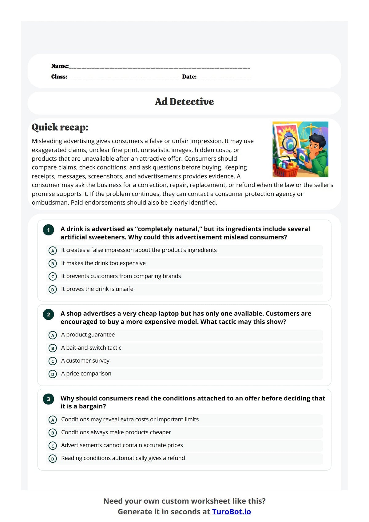 Free Year 7 Worksheet - Ad Detective preview